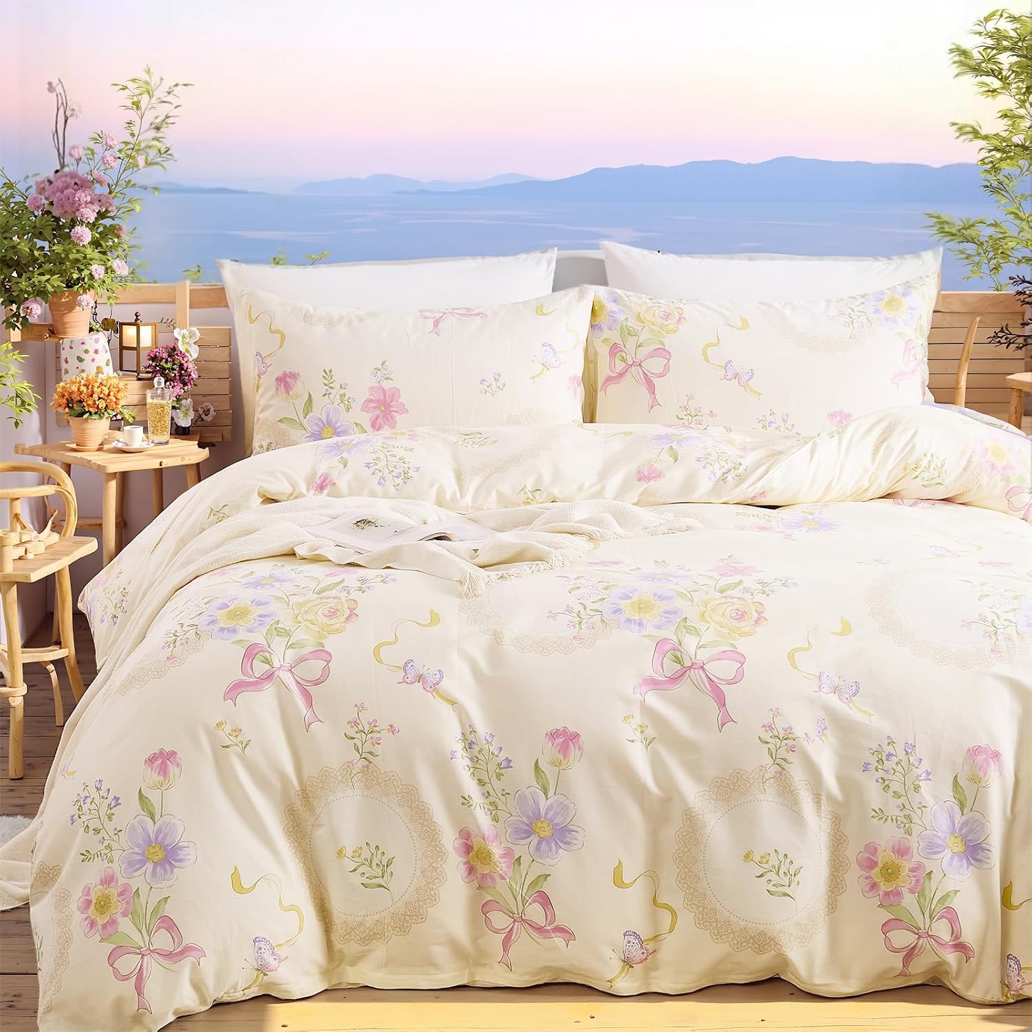 Aesthetic Floral Duvet Cover - ชุดผ้าปูที่นอนลายดอกไม้ ขนาดควีน/คิงไซส์ - ชุดผ้าปูที่นอนผ้าฝ้าย 100% แบบกลับด้านได้