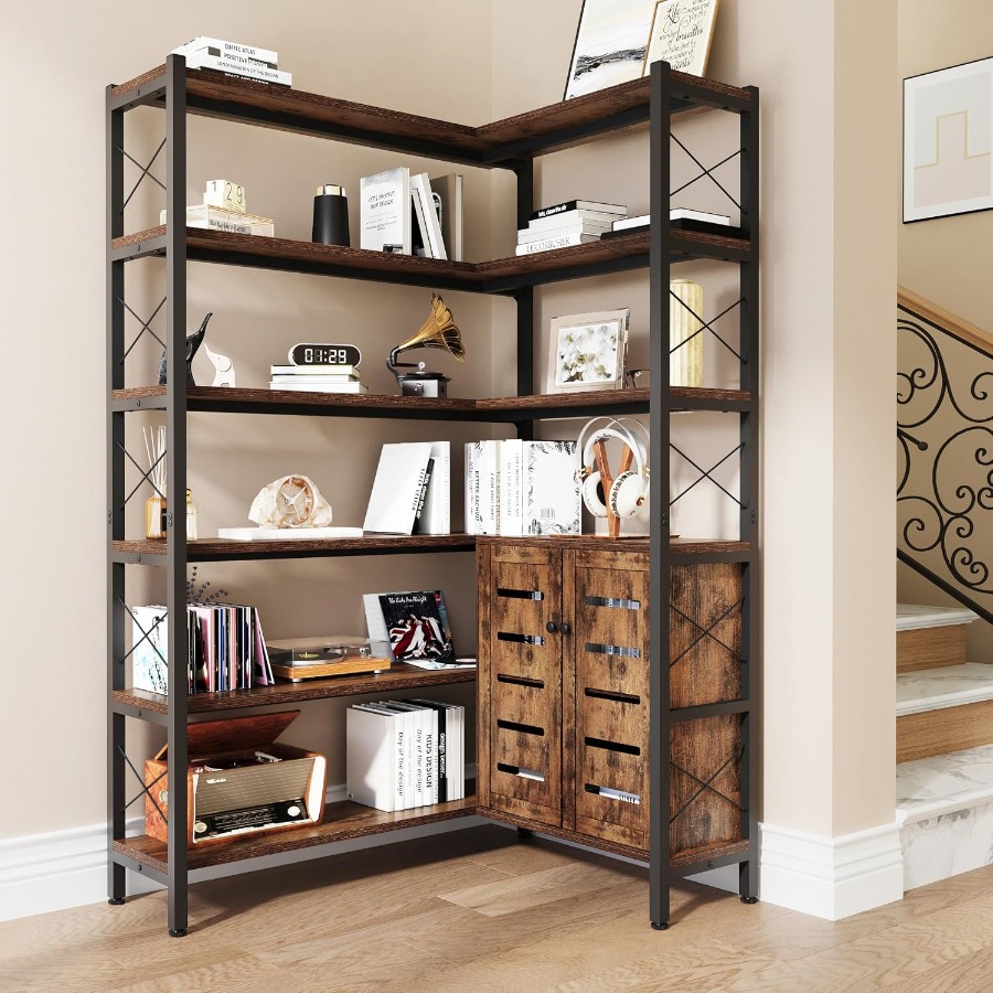 Storage & Organization - ชั้นวางหนังสือแบบมุม 6 ชั้น สำหรับห้องนั่งเล่น โครงโลหะหุ้มด้วยไม้จริง สีดำ