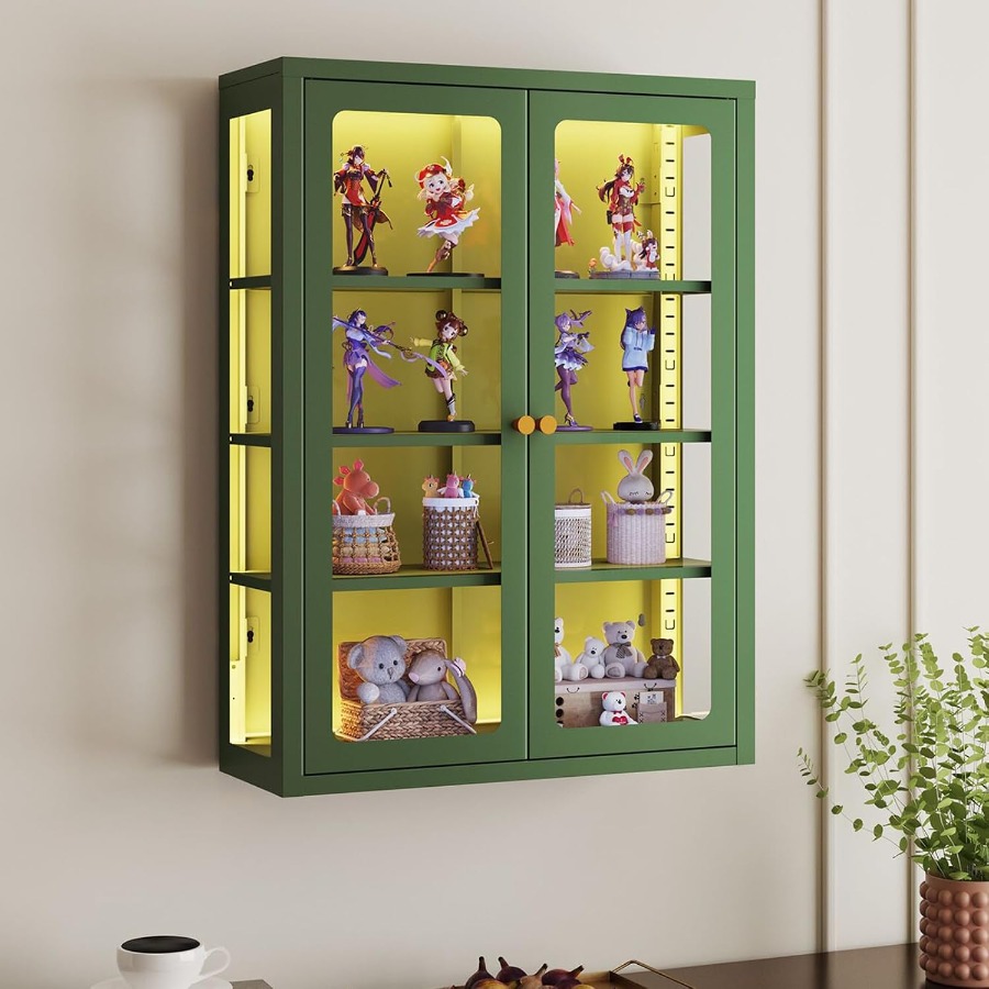 Storage & Organization - ตู้โชว์ติดผนังโลหะสำหรับใช้ในร้านค้าปลีก ทำจากอลูมิเนียมอัลลอยด์ สีดำด้าน พร้อมไฟ RGB ที่ปรับความสว่างและสีได้