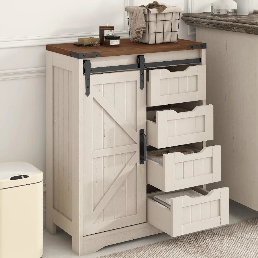 Storage & Organization - ตู้เก็บของในห้องน้ำสไตล์ฟาร์มเฮาส์ พร้อมลิ้นชัก 4 ช่อง และบานประตูเลื่อน ทำจาก