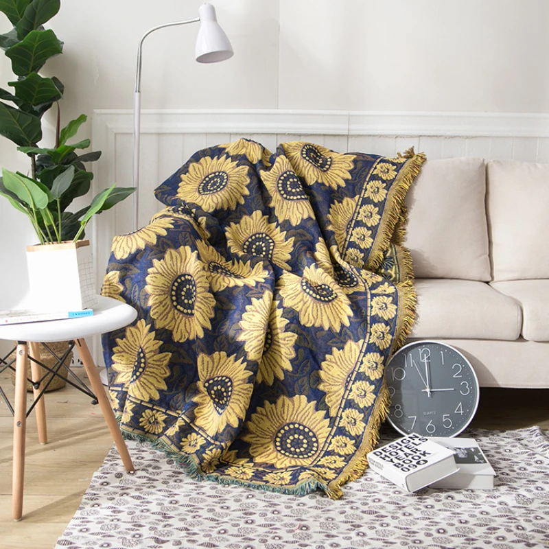Boho Throw Blanket Fringe - ผ้าปูในเมืองผ้าคอตตอนลายดอกทานตะวันสีน้ำเงินชนบทผ้าคลุมโซฟากันฝุ่นผ้าหนาสไตล์ชนบทผ้าคลุมเตียงอุ่น