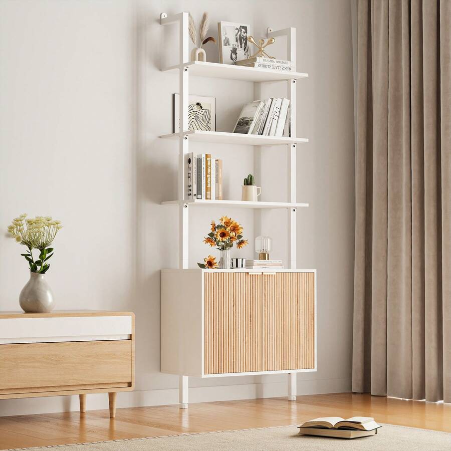 Storage & Organization - ตู้หนังสือทรงบันไดดีไซน์ทันสมัย พร้อมตู้เก็บของแบบมีร่อง ชั้นวางโชว์สูง 74 นิ้ว โครงโลหะ