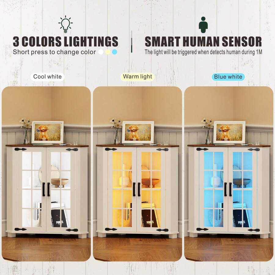 ตู้สไตล์ฟาร์มเฮาส์พร้อมไฟ LED, - Storage & Organization บทวิจารณ์และราคา